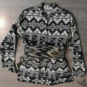 80s Vintage Black/Grey Mandarin Collar Aztec Pattern Cotton Woven Jacket